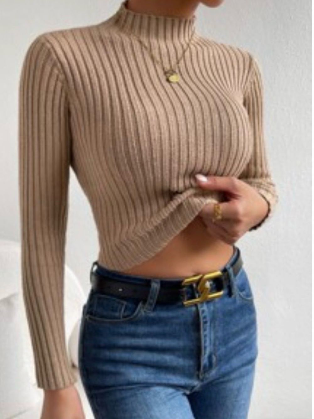 SHEIN Ribbed Beige Turtleneck Sweater